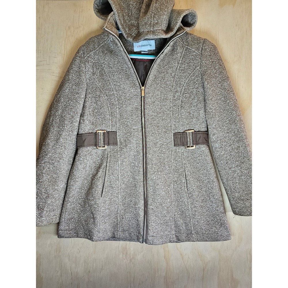 Liz Claiborne Womens Brown Marl Hooded Zip Front Jacket Coat Size Small